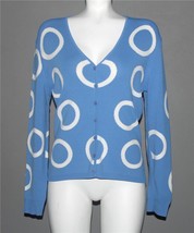 Cyrus White Circle Rings on Blue Button Front Fine Knit Sweater Cardigan Wm&#39;s M - £32.07 GBP