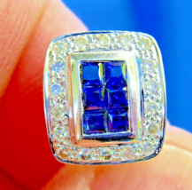 Earth mined Diamond Sapphire Deco Earrings Vintage Style Geometric Stud 14k Gold - $1,895.25