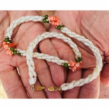 VTG 3 Strand Bright White Seed Pearl Choker Necklace w Jade Beads/Coral Flowers - $39.20