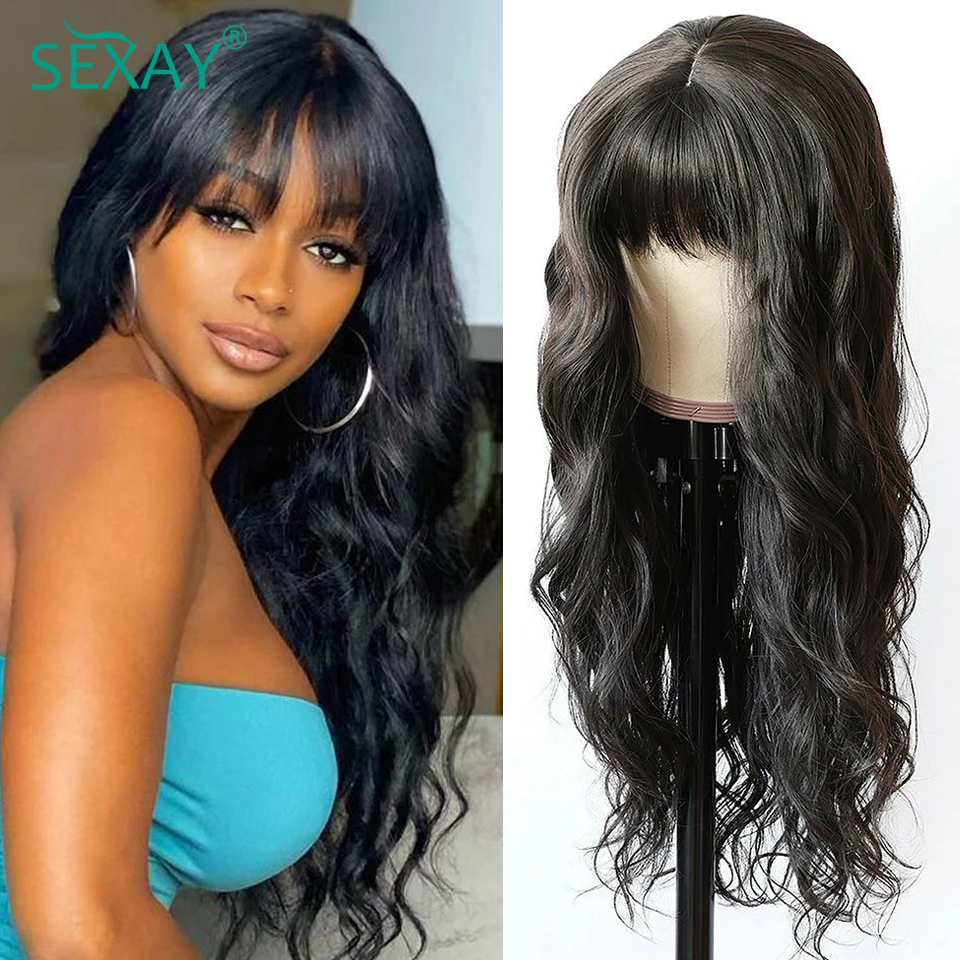 Sexay natural fake scalp human hair wigs with bangs 8 32 inch long peruvian body wave thumb200