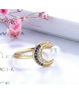 1.30Ct Natural Pearl Crescent Moon Diamonds Adjustable Ring 18K Yellow G... - £48.31 GBP