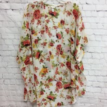 Emory Park Womens Open Front Blouse White Red Floral Long Sleeve Top M - $15.35
