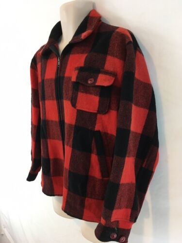 Primary image for Woolrich Mens 46 Red Buffalo Plaid Vtg USA Made Zip Front Unlined Wool Jacket