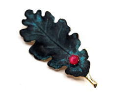 Vintage Brooch Enamel Green Leaf Holly and Pink/Red Berry Moonstone VG Condition - £5.66 GBP