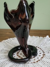 Vintage Hand Blown Art Glass SOONER Trumpet Coil Vase amethyst Swirl Pattern - £29.20 GBP