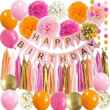 Pink and Orange Happy Birthday Party Decorations Pink Gold Banner Balloons D cor - £27.98 GBP