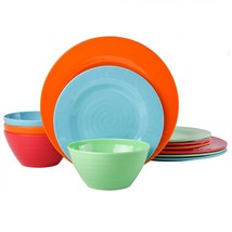 Melamine Dinnerware Set For 4 Dishes Plates Bowls Salad Multicolor 12 Pi... - £33.10 GBP