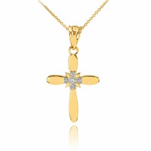 Solid 14k Yellow Gold Dainty Accent Solitaire Diamond Cross Pendant Necklace - £103.28 GBP+
