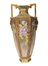 Antique Nippon Vase 13&quot; Purple Flowers Moriage Beaded Gilded Six Sided Morimura - £235.90 GBP