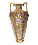 Antique Nippon Vase 13&quot; Purple Flowers Moriage Beaded Gilded Six Sided M... - £235.10 GBP
