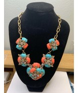 Vintage Joan Rivers coral and turquoise floral gold tone necklace - $647.08 MXN
