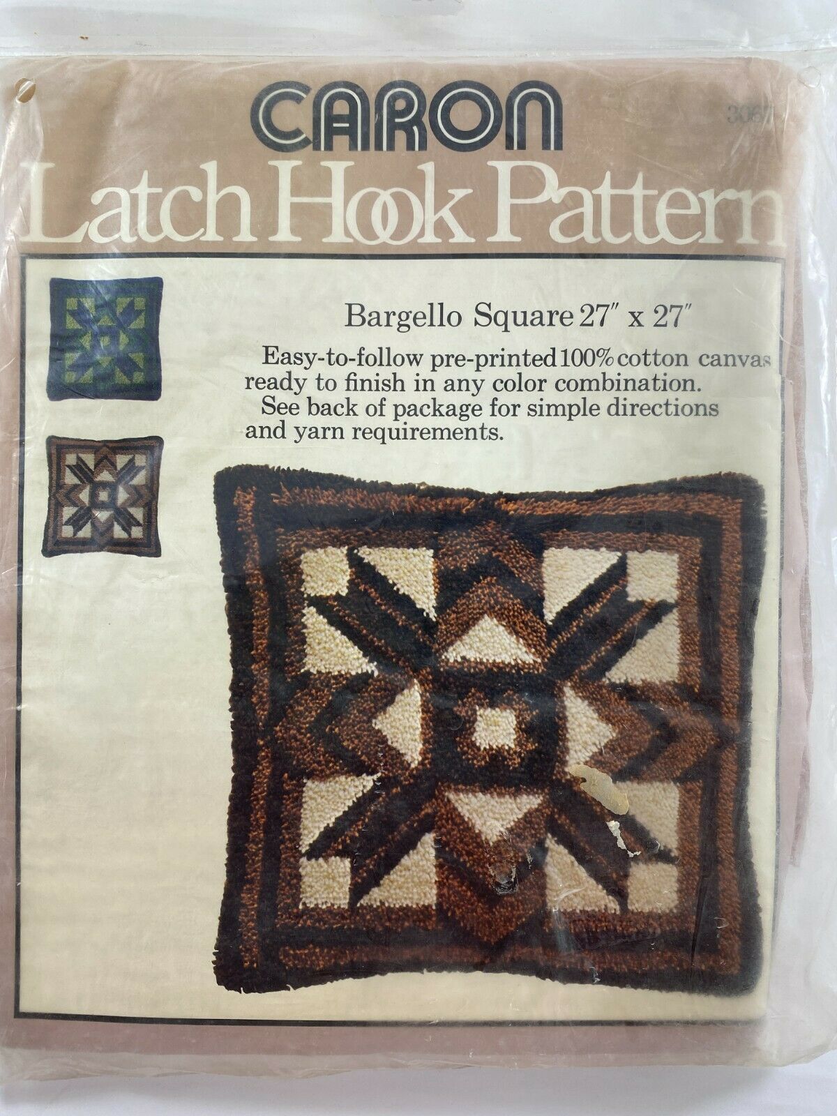 Vtg Caron Latch Hook Pattern Bargello Square 27x27 Pillow Printed Pattern Canvas - $24.74
