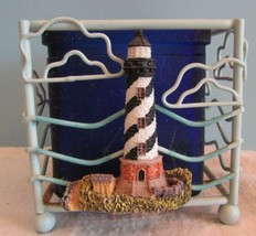 Vintage Candle Holder, 3 1/2&quot; Tea Light Metal Wire Blue Cobalt Glass Lighthouse - £11.51 GBP