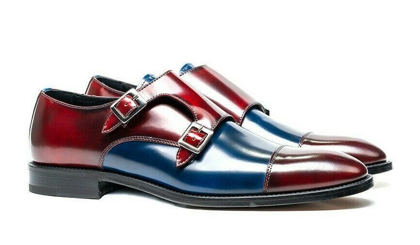 Men Two Tone Blue Red Monk Double Buckle Strap Derby Cap Toe Real Leather Shoes