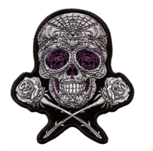 5&quot; Sugar Skull With Roses Crossbones Biker Embroidered Patch - £23.31 GBP