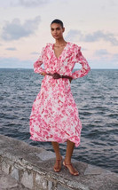 ZARA PINK FLOWY RUFFLE V NECK DRESS WITHOUT BELT - XS - $1,031.66 MXN