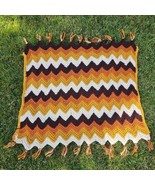 Vintage Crochet Afghan Brown Chevron Blanket 36 x 33 Tassel Fringe Handmade - $19.18