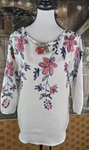 Ana &amp; Rose Blouse Size S Embroidery Floral White Linen Blend - $13.86