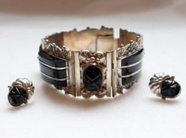 Vintage Mexican Sterling Silver Black Onyx Bracelet Earrings Mayan Warrior Faces - £154.31 GBP