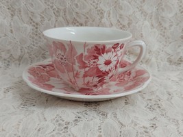 Vintage Red Floral Transferware Cup  and Saucer Gay Day by Woods and Sons - $23.36