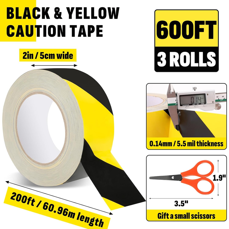 3 Roll Black & Yellow Caution Tape, 2'' X 600 FT Total Length Safety Tape, Black Item image 2