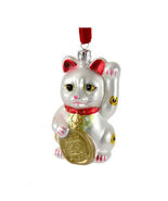 LUCKY CAT ORNAMENT 4.5&quot; Glass Christmas Cute White Maneki Neko Beckoning... - $17.95