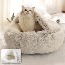 Cat Bed Cave Round Plush Fluffy Hooded Cat Bed Donut Self Warming Pet Dog Bed - £27.89 GBP