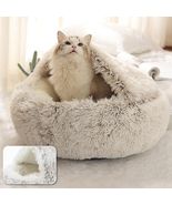 Cat Bed Cave Round Plush Fluffy Hooded Cat Bed Donut Self Warming Pet Do... - £27.33 GBP