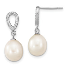 Silver  8-9mm White Rice Freshwater Cultured Pearl and CZ Post Dangle Ea... - $88.27