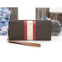 Michael Kors Bright Red Stripe Brown Monogram Zip Around Travel Wallet NWT - $133.16