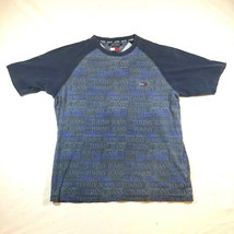 Vintage Tommy Hilfiger T Shirt Mens L Blue All Over Print AOP Flag Logo Cotton - $15.90