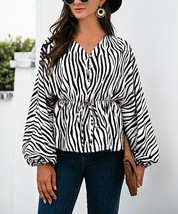 $40 Knoeasy Black Zebra Cinched Bishop-Sleeve Button-Front Top Size Medium NWOT - $20.90