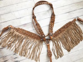 Western Saddle Horse Leather Bridle Breast Collar Tack Set w/ Tan Suede Fringe - £78.97 GBP