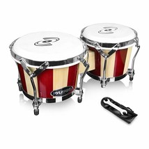 Pyle Hand Crafted Bongo Drums - Pair of Wooden Bongo Drums, 6.5 &amp; 7.5 Inch - PBN - £62.34 GBP