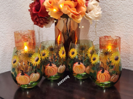 Thanksgiving  Fall Sunflower Pumpkins Stemless Wine Glasses Decor Set of 4 - £64.45 GBP