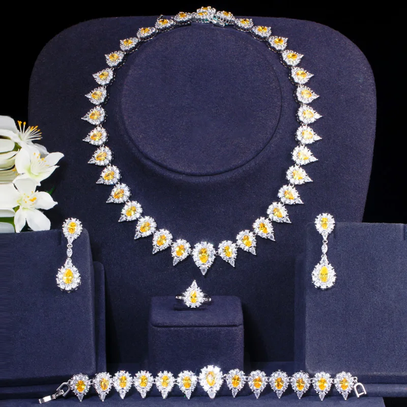 Gorgeous Shiny Yellow CZ Water Drop Earrings Necklace Ring Bracelet Wedding 4 Pc - $76.93