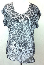 #S6 Daniel Rainn Sz S Black White Tribal Ikat S/S Sheer Top Shirt Stitch... - $5.41