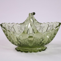 Fenton Split Twig Oval Basket Daisy And Button Pattern Vintage Green Glass Decor - $13.08