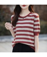 Summer Striped Short-Sleeved T-Shirt Women Match Color Base Shirt Loose ... - €39,93 EUR