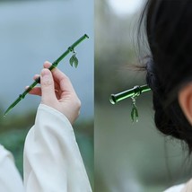 Pair of Ancient Chinese Style Emerald Bamboo Hairpin w/ Leaf Charm - £11.22 GBP