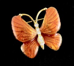 Rhinestone Orange Enamel Butterfly Pin Vintage Brooch Golden Goldtone 1 1/8&quot; - £10.11 GBP
