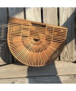 Bamboo Wood Basket Purse Tiki Hand Bag Half Moon Vtg 80s Natural Tote Cage - $688.14 MXN