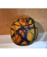 VINTAGE THICK WOOL FELTED YELLOW/GREEN/ORANGE ART BOWL W/LID 6&quot; X 6&quot; - $27.08 CAD