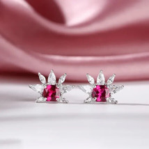 2.50Ct Cushion Cut Simulated Red Ruby Halo Stud Earrings 14K White Gold Plated - £39.55 GBP