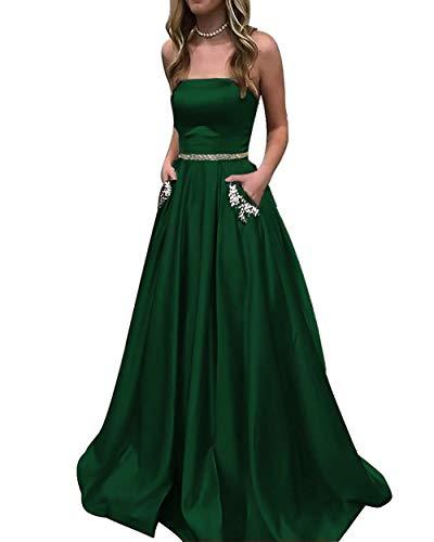 Kivary Beaded Belt Long Satin Formal Prom Evening Dress with Pocket Emerald Gree