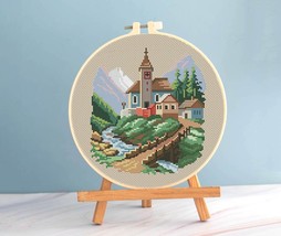 Old Church cross stitch mountain pattern pdf, Autumn cross stitch church... - $4.99