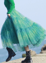GREEN Layered Tulle Skirt High Waisted Ruffle Tulle Tutu Skirt Holiday Outfit image 8