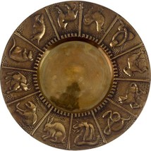 Vintage Asian Brass Round Tray 12 Chinese Zodiac Horoscope Animals Dragon 7-1/4&quot; - £22.06 GBP