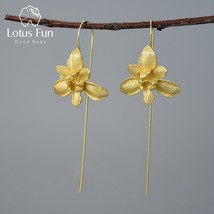 Lotus Fun 18K Gold Iris Flower Dangle Earrings Real 925 Sterling Silver Handmade - £39.34 GBP