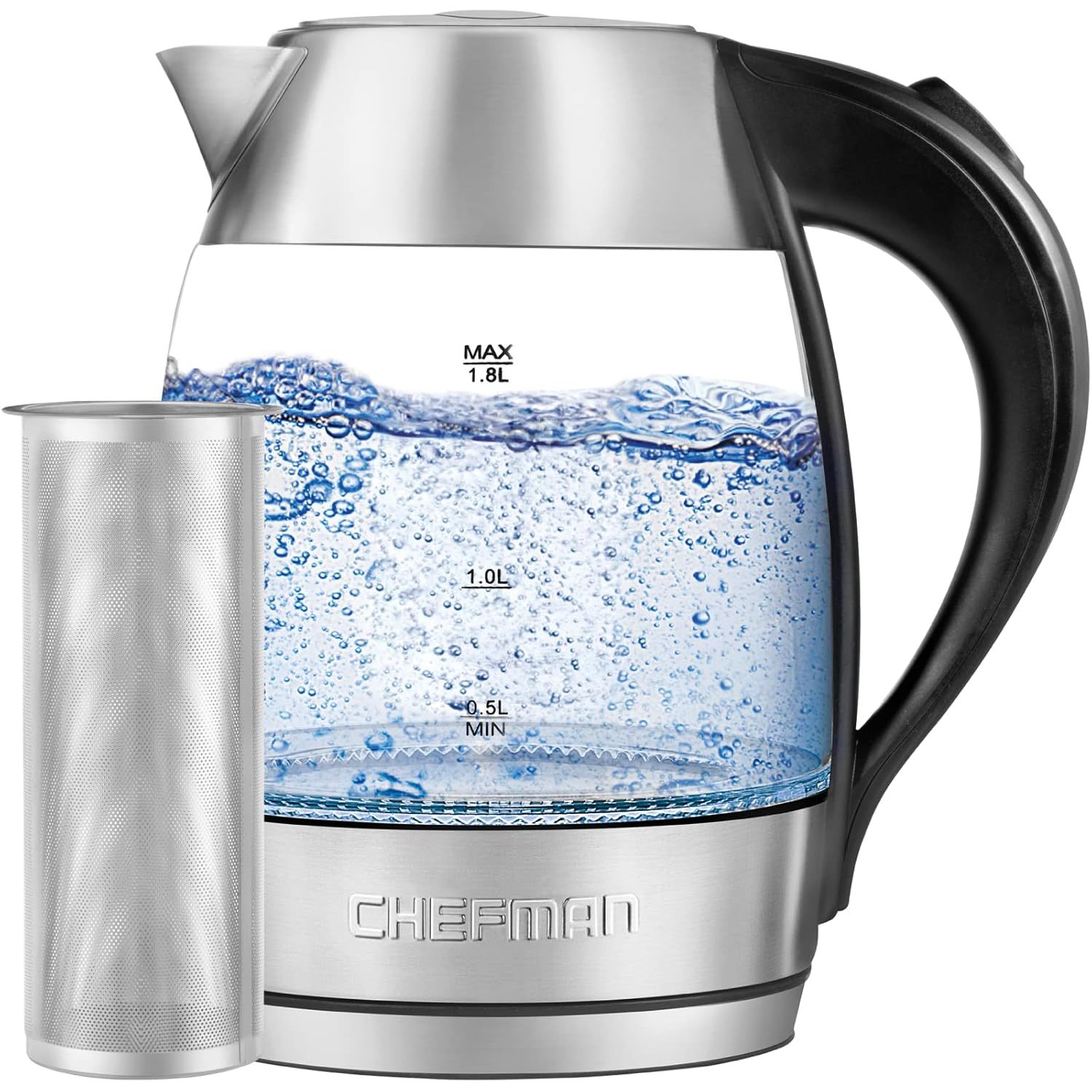Chefman Electric Glass Kettle, Fast Boiling W/ LED Lights, Auto Shutoff & Boil D